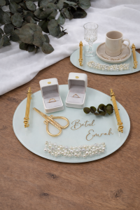 İnci Söz Nişan Tepsi Seti Gold, İncili Damat Kahve Tepsisi İnci Kız İsteme Tepsi seti